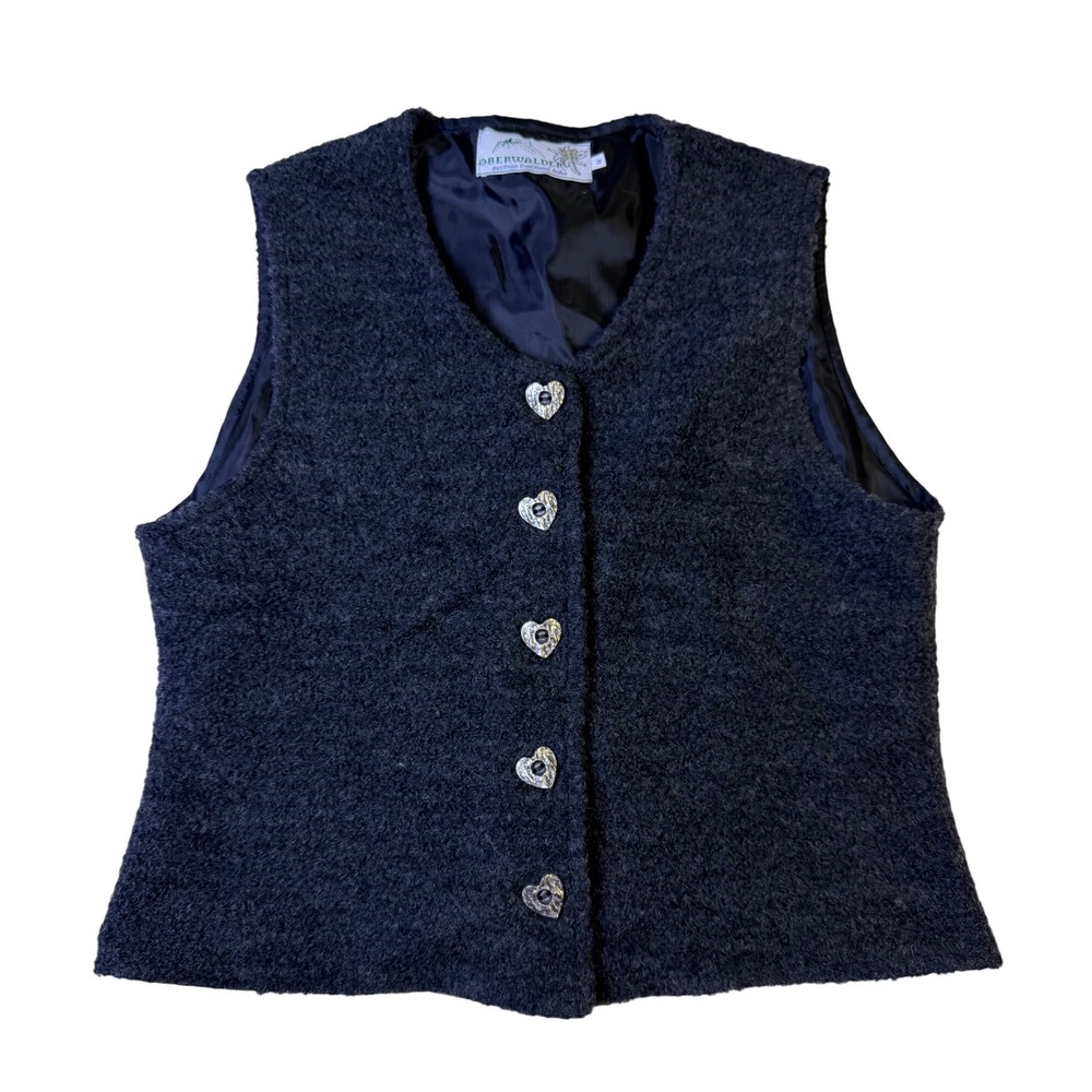 Oberwalder Austrian Traditional Loden Wool Vest Gray Heart Buttons Womens Medium